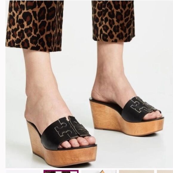 Tory Burch Ines Wedge Slides Calf Leather Metallic Perfect Black Sandals size 9 - Picture 4 of 10